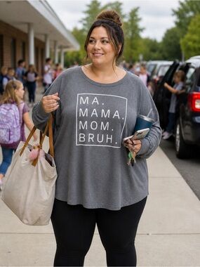 Funny “Ma Mama Mom Bruh” Graphic Tee 2XL Grey Long Sleeve Casual Mom Shirt